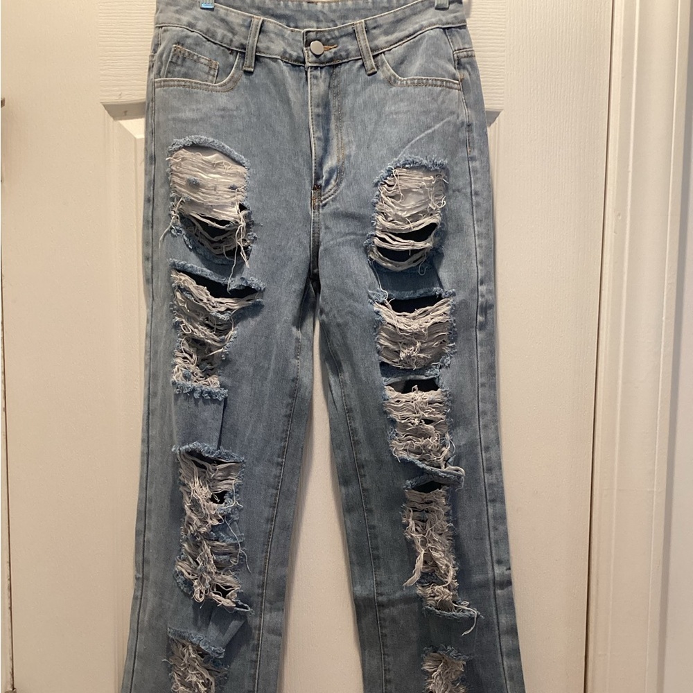 Women's Light Blue Distressed Straight-Leg Jeans